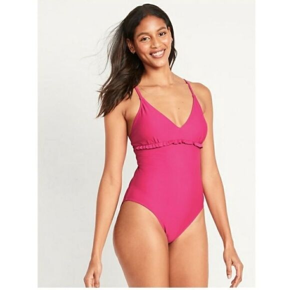 Old Navy V Neck Ruffle Trim Cutout One Piece Swimsuit in Pink NEW Size XXL - Picture 1 of 9